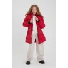 Kız Çocuk İçi Suni Kürklü Çıkarılabilir Kapüşonlu Cepli Şişme Mont - Kırmızı