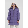 Kız Çocuk İçi Suni Kürklü Çıkarılabilir Kapüşonlu Cepli Şişme Mont - Mor