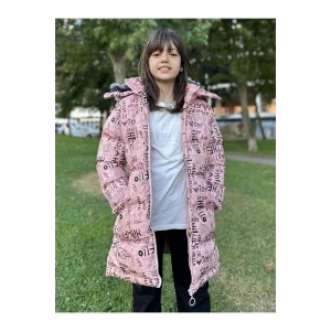 Babymiss Kız Çocuk Çıkarılabilir Kapüşonlu Cepli Baskılı Şişme Mont - Pudra