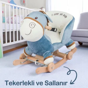 Babymiss Tekerlekli Ve Ahşap Ayaklı Sallanan At, Eşek Peluş Oyuncak - Mavi