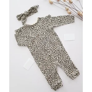 Begisa Leopar Desenli Bandanalı Kız Bebek Tulum