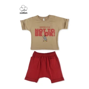 Difa Kids Baskılı Tarz Yazlık Unisex Çocuk Alt Üst Takım - Kahve