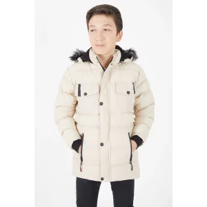 Erkek Çocuk İçi Suni Kürklü Çıkarılabilir Kapüşonlu Cep Detaylı Şişme Mont - Taş