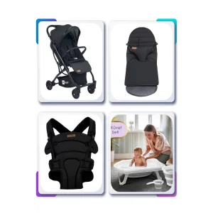 Kabin Boy Bebek Arabalı Bebek Çeyiz Seti Ana Kucağı, Bebek Kanguru ve Küvet Seti
