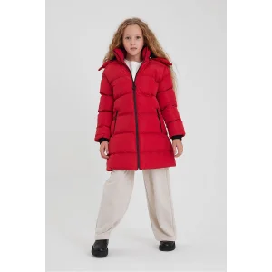 Kız Çocuk İçi Suni Kürklü Çıkarılabilir Kapüşonlu Cepli Şişme Mont - Kırmızı