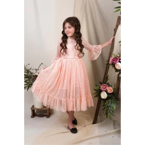 Uzun Kol Dantel Makri Kız Çocuk Elbise - Somon