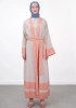 Garni Detaylı Kuşaklı Keten İkili Kimono - Bej/Oranj