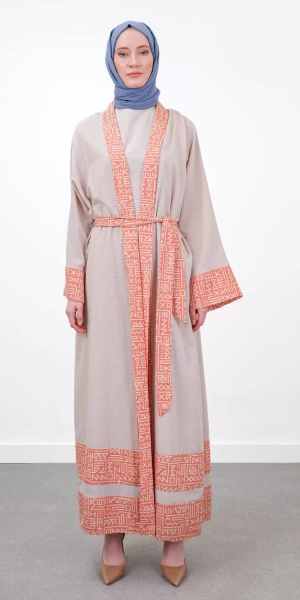 Garni Detaylı Kuşaklı Keten İkili Kimono - Bej/Oranj