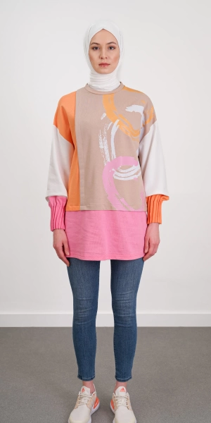 Kolları Pliseli Desen Kumaşlı Sweatshirt - Oranj / Latte