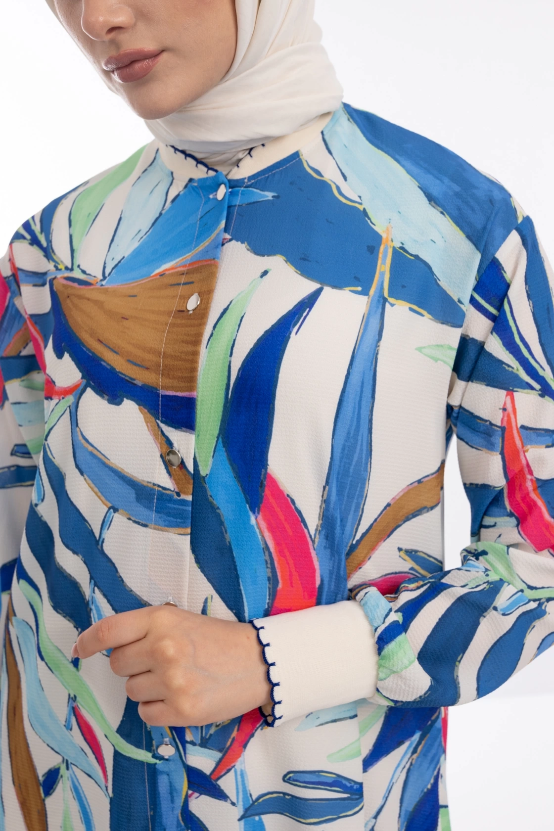 Desenli Ribanalı Giy Çık - Mavi / Krem
