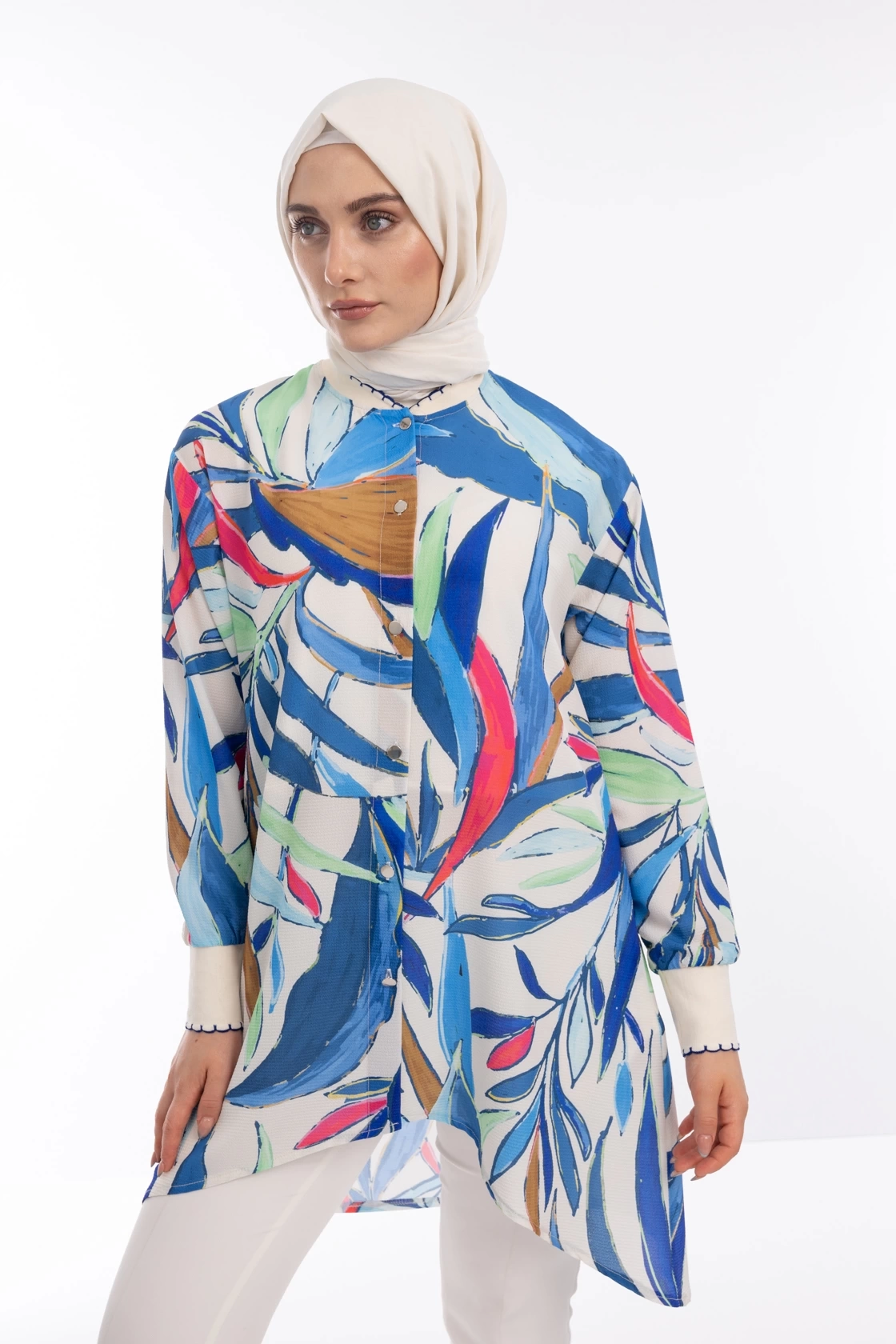Desenli Ribanalı Giy Çık - Mavi / Krem