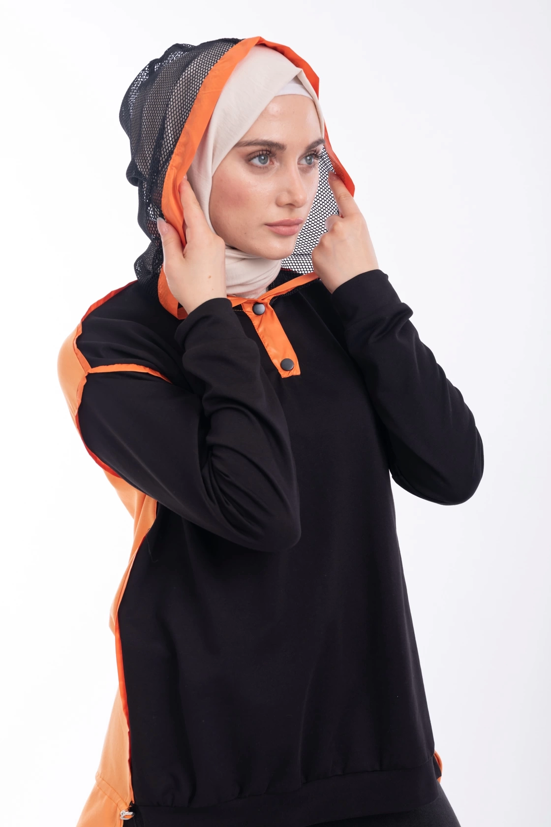 FİLE KAPŞONLU TEK SWEATSHIRT - Siyah