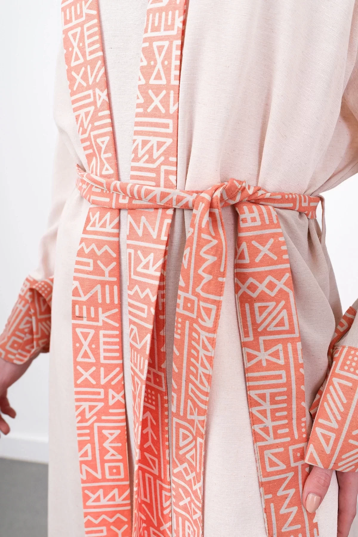 Garni Detaylı Kuşaklı Keten İkili Kimono - Oranj