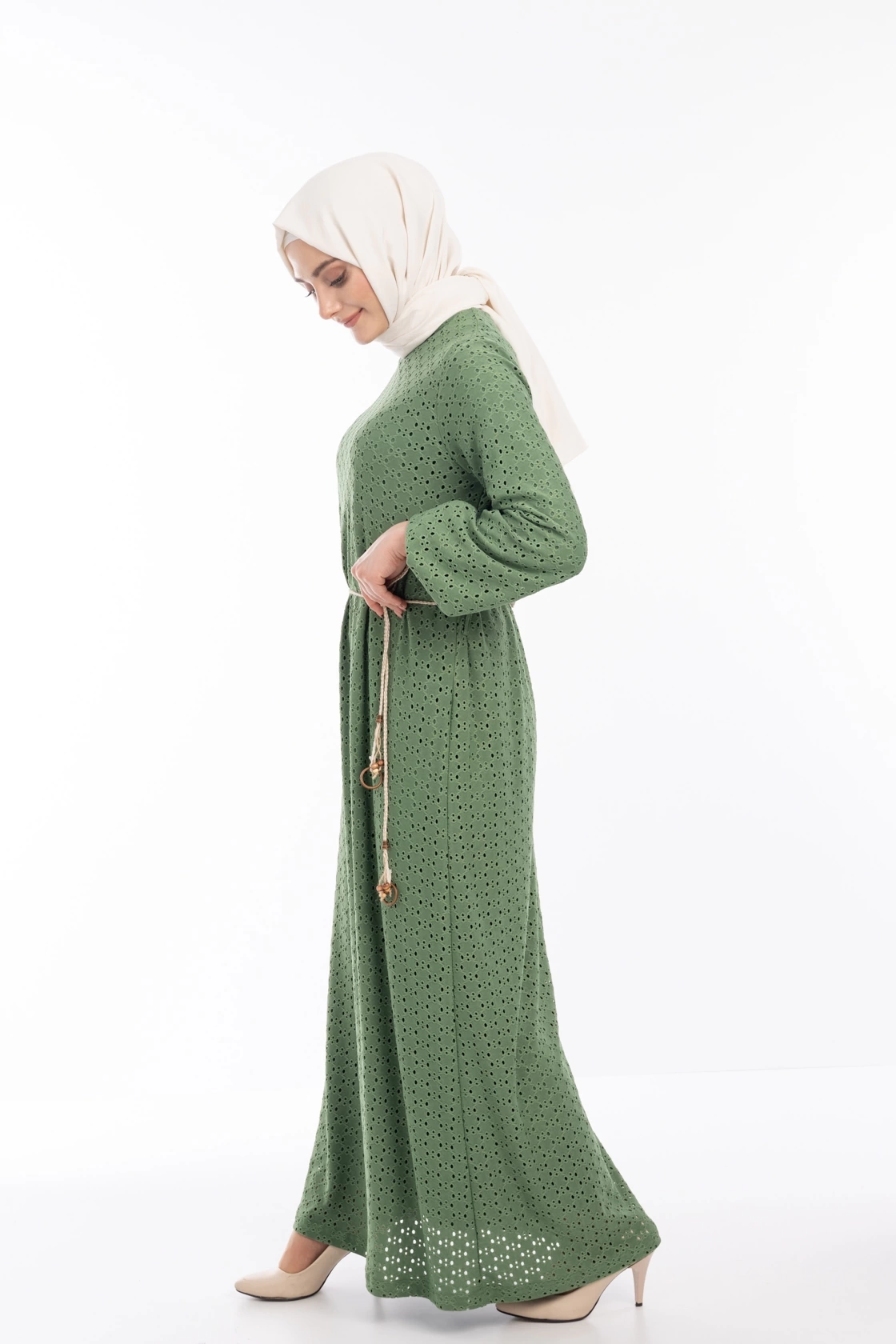 Güpürlü Tesettür Elbise - Yeşil