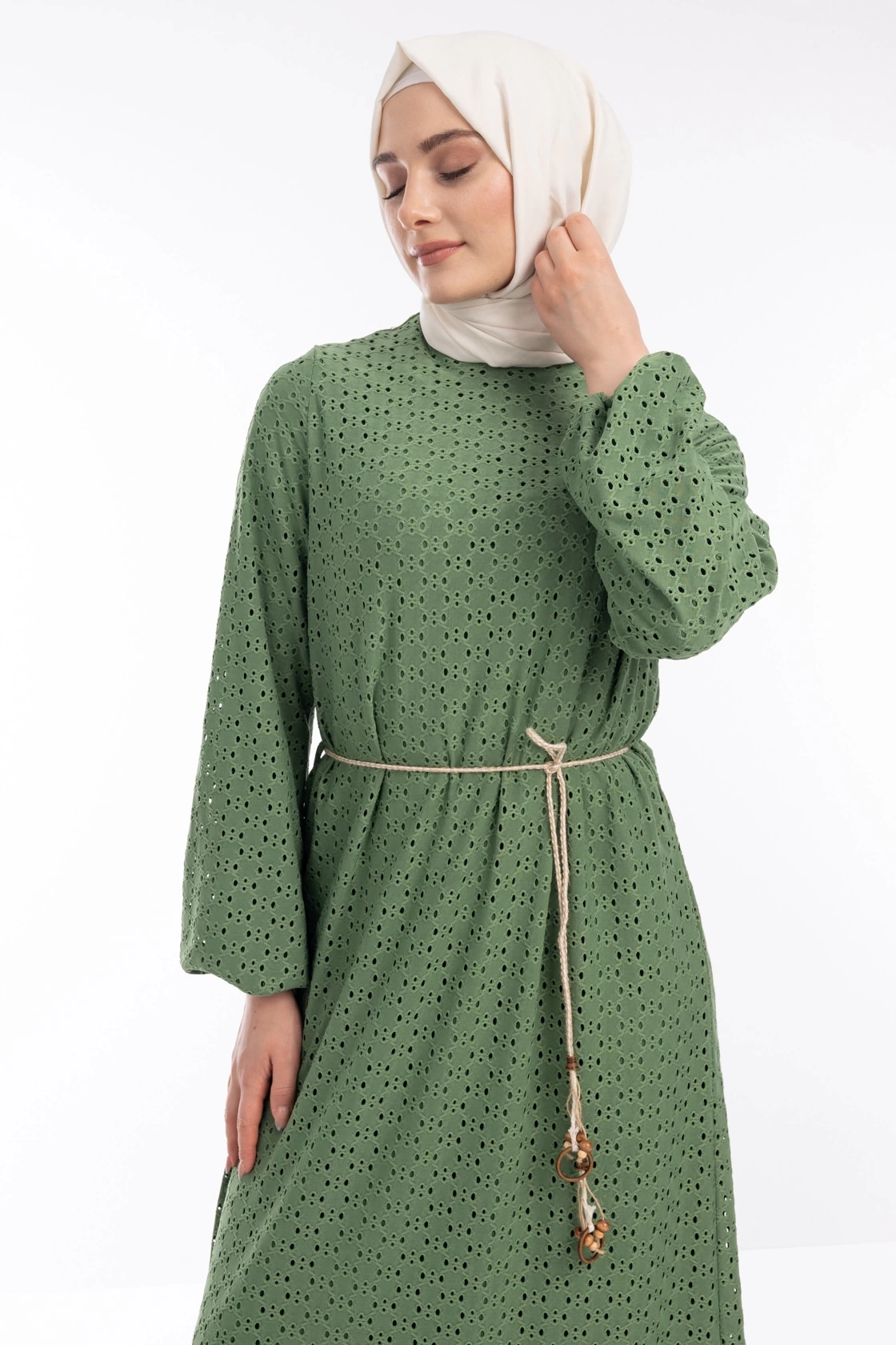 Güpürlü Tesettür Elbise - Yeşil