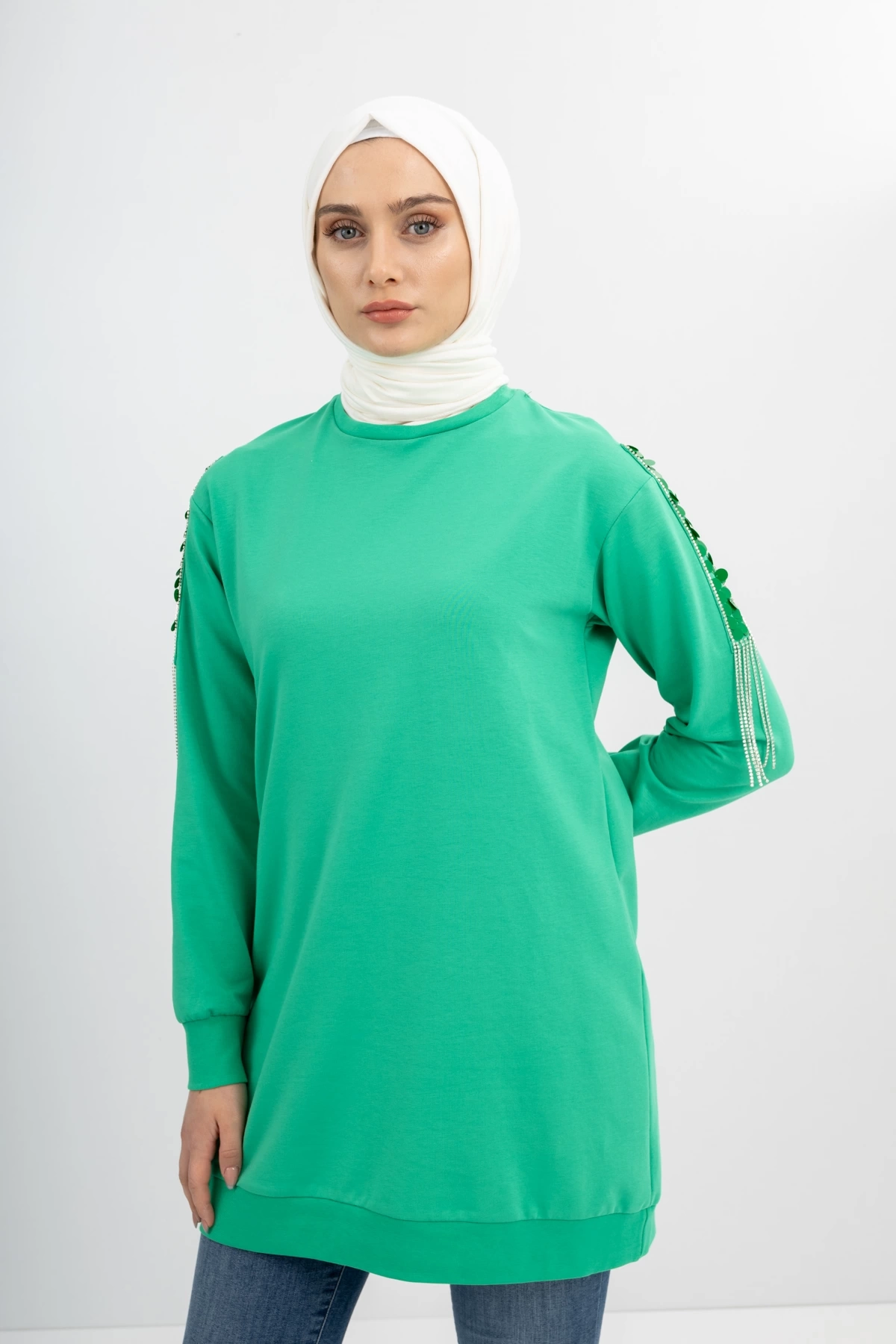 İPEKSİ İKİ İPLİK SWEATSHIRT KOLU PUL VE ZİNCİR İŞLEMELİ - Benetton Yeşil