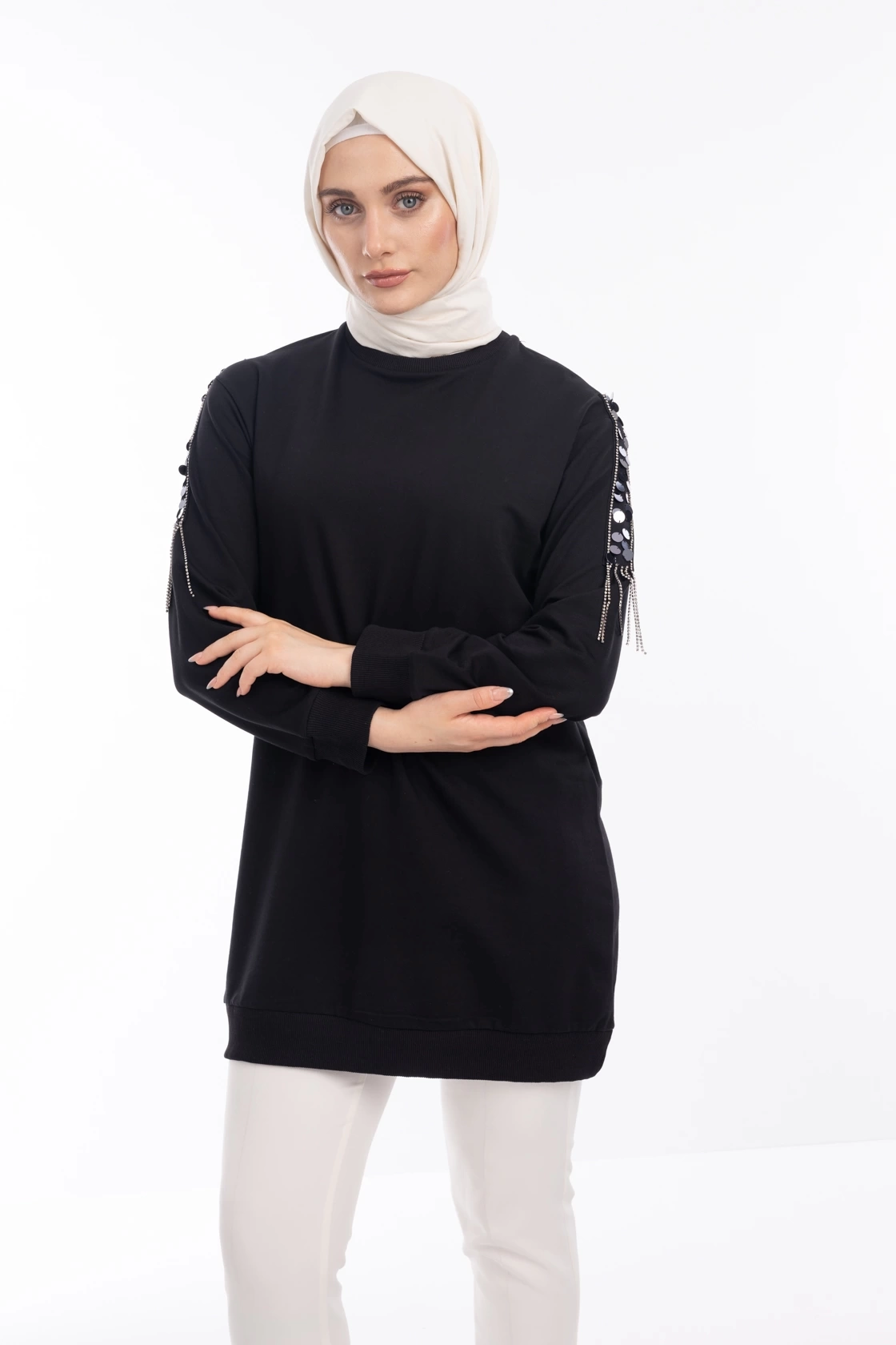 İPEKSİ İKİ İPLİK SWEATSHIRT KOLU PUL VE ZİNCİR İŞLEMELİ - Siyah