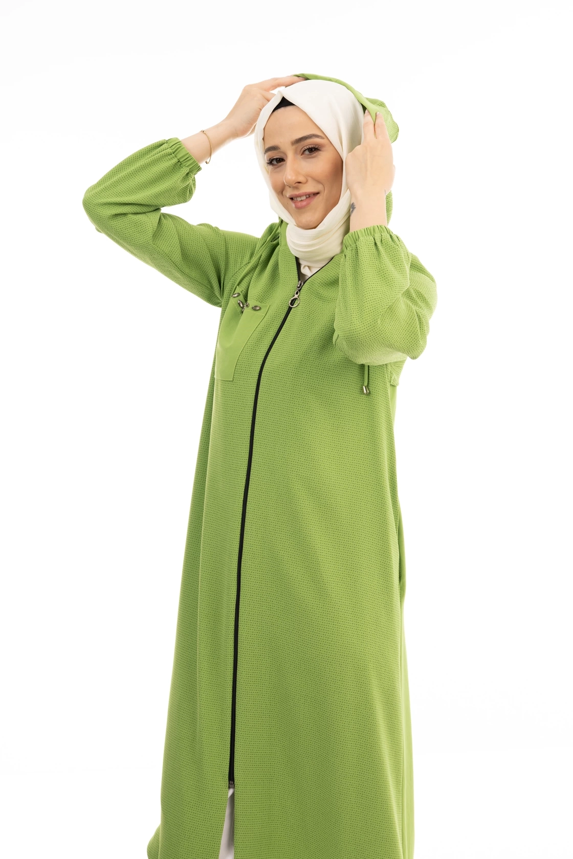 Kapşonlu Giyçık Renk Konbinli - Fıstık Yeşili