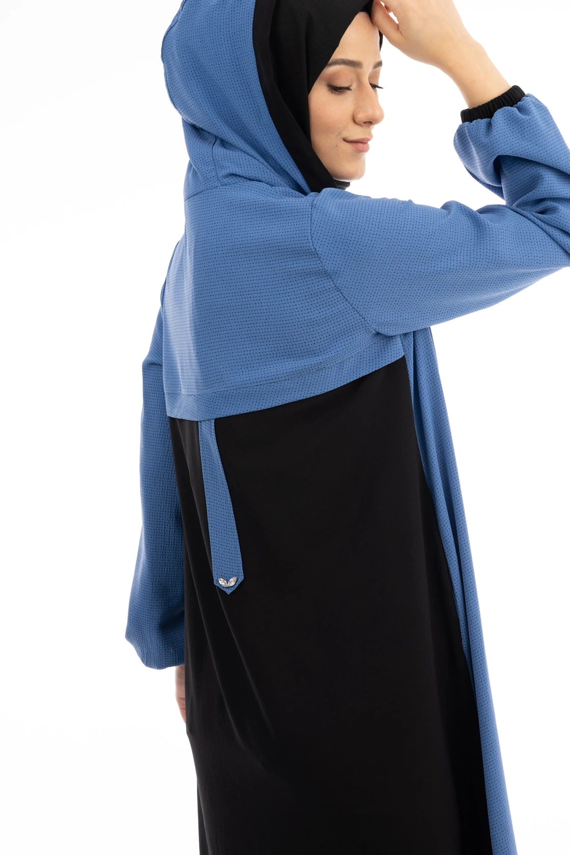 Kapşonlu Giyçık Renk Konbinli - Mavi