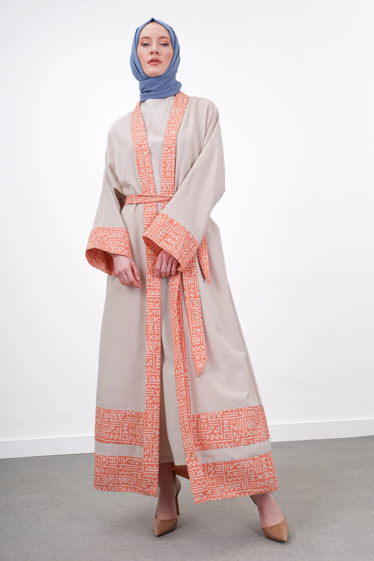 Garni Detaylı Kuşaklı Keten İkili Kimono - Oranj