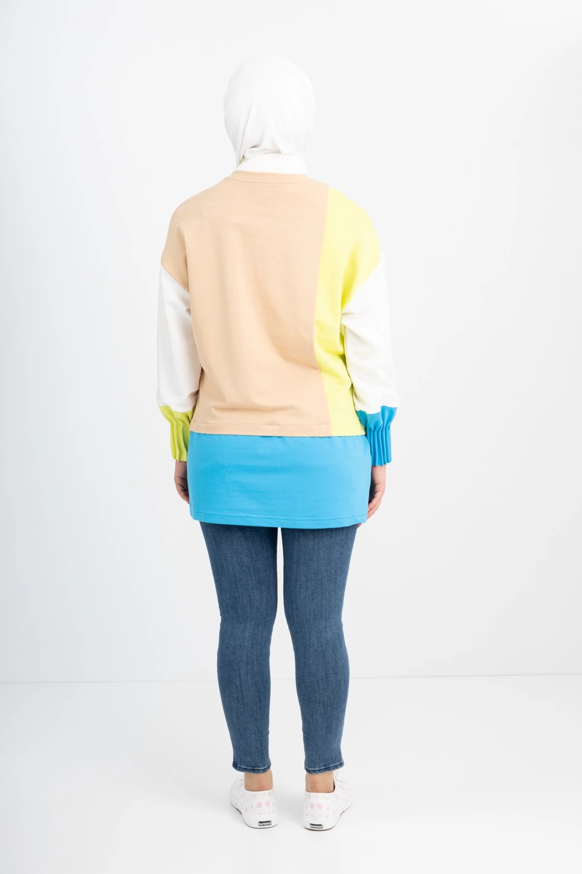 Kolları Pliseli Desen Kumaşlı Sweatshirt - Asit Sarısı / Latte