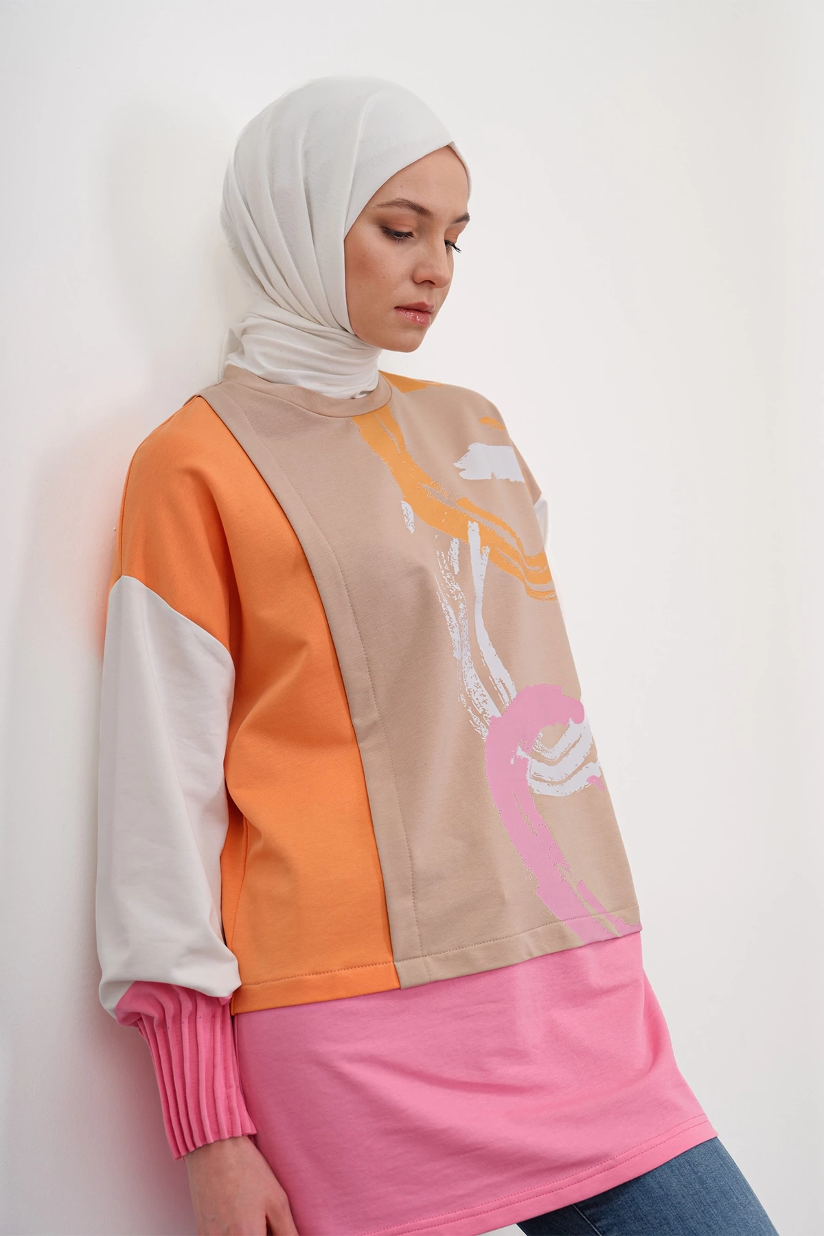 Kolları Pliseli Desen Kumaşlı Sweatshirt - Oranj / Latte