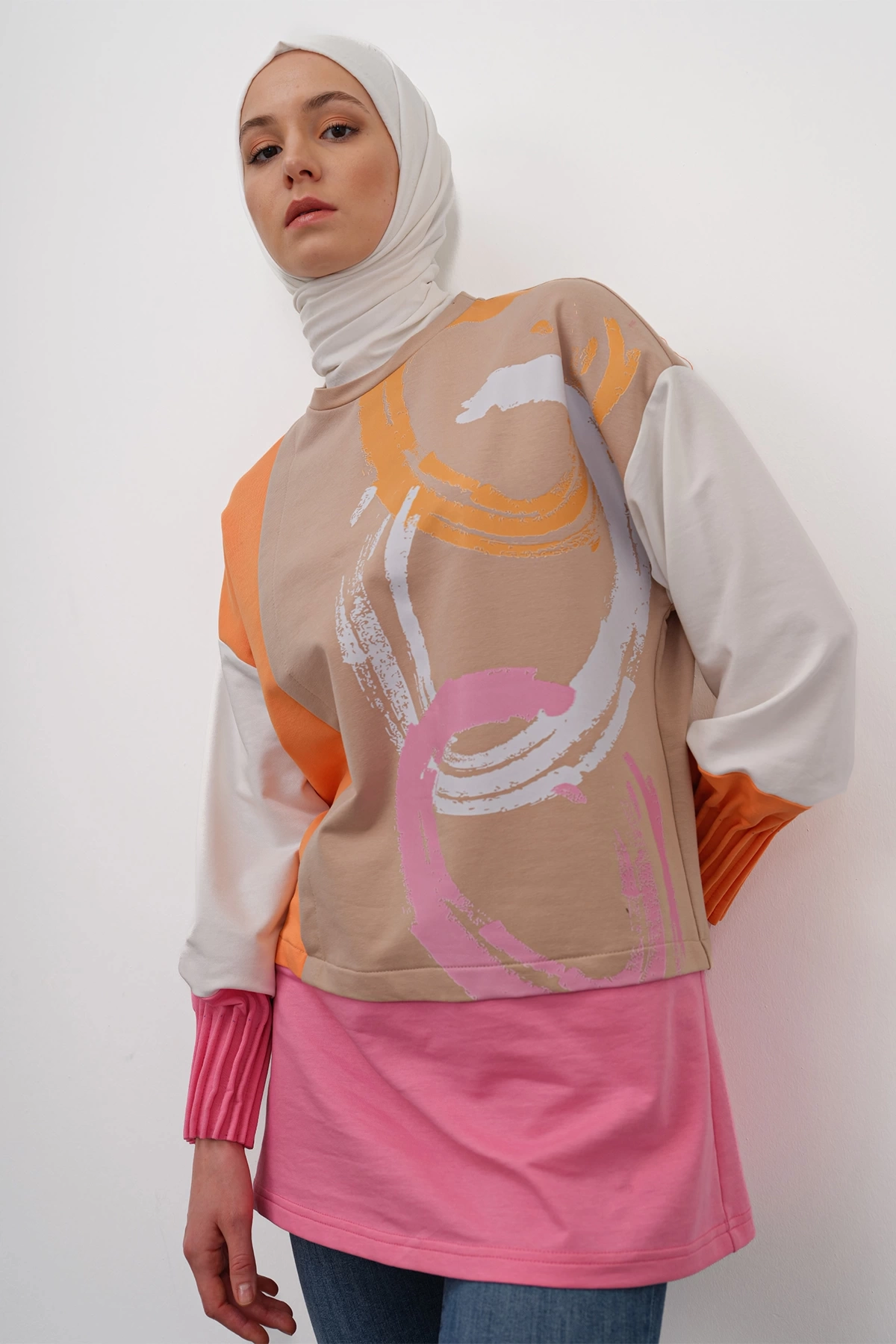 Kolları Pliseli Desen Kumaşlı Sweatshirt - Oranj / Latte