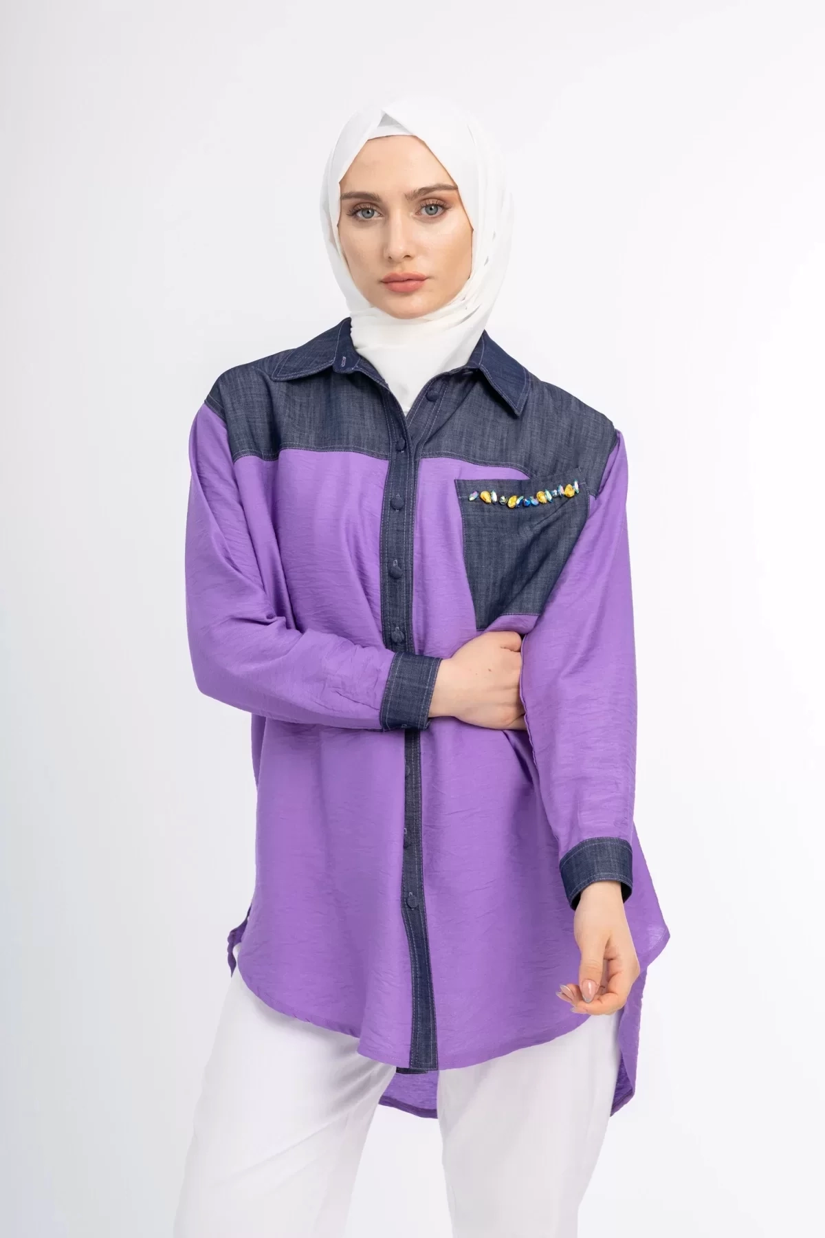 Taş İşlemesi Fay Tencel Tunik - Lila