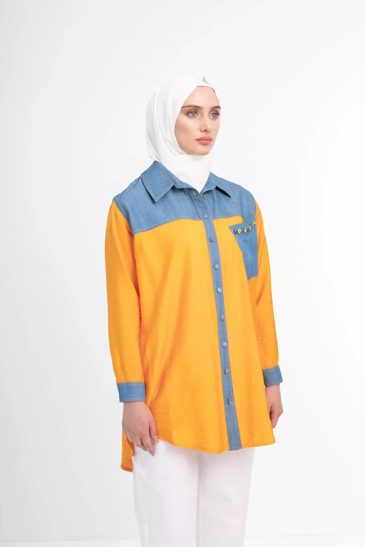 Taş İşlemesi Fay Tencel Tunik - Oranj