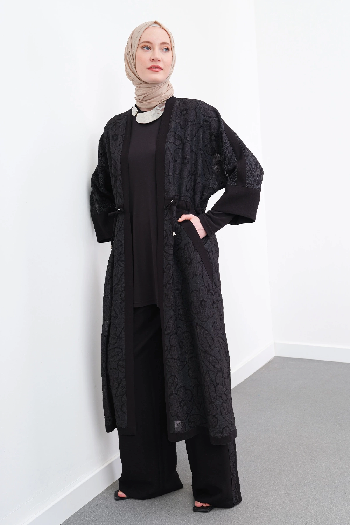 Viskon Pamuk Kumaşlı Kimono Üçlü Takım - Siyah