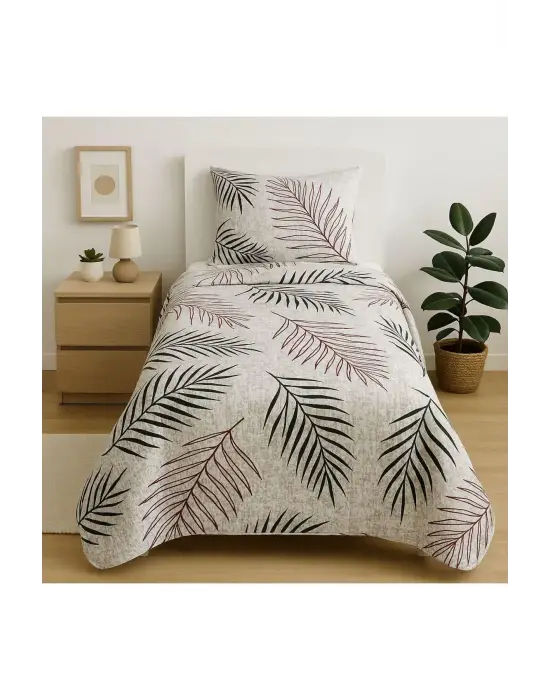 %100 Pamuk Tek Kişilik Pike Seti Elyaf Dolgulu Kapıtone Yaprak Desenli