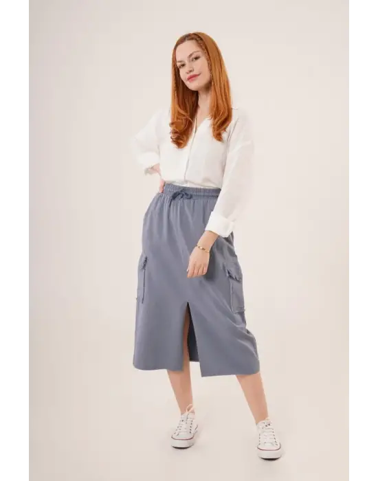 Omarı İndigo Eteği | Ön Yırtmaçlı Cep Detayı ile Şıklık