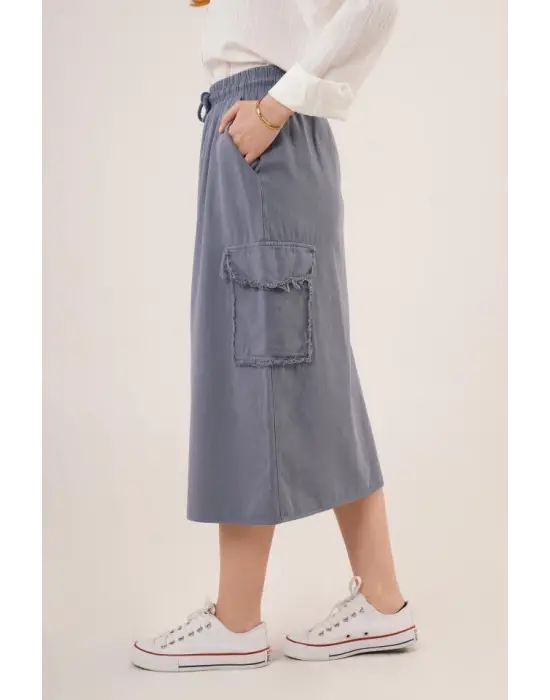 Omarı İndigo Eteği | Ön Yırtmaçlı Cep Detayı ile Şıklık