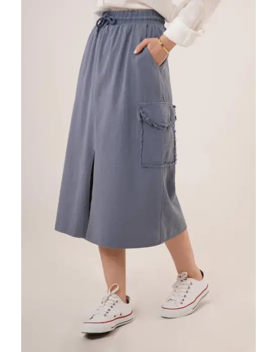 Omarı İndigo Eteği | Ön Yırtmaçlı Cep Detayı ile Şıklık
