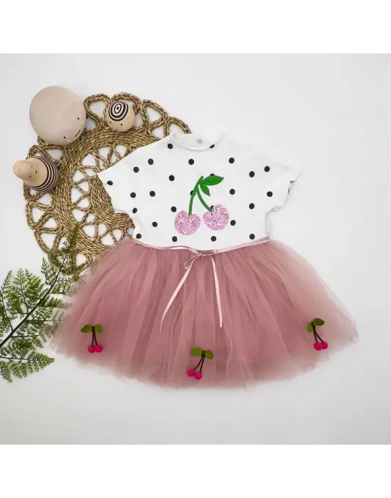 Omarı Payetli Kiraz Nakışlı Bebek Tütü Elbisesi