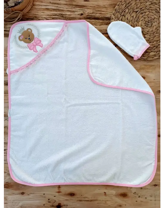 Omarı Yumuşak Bear Nakışlı Kız Bebek Havlu Seti