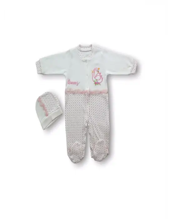 Şık Kuğu Nakışlı Bebek Tulumu Ekru