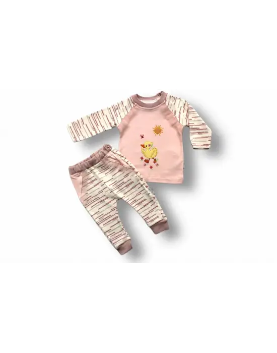 Zarif Ördek Nakışlı Sweatli 2li Kız Bebek Takımı