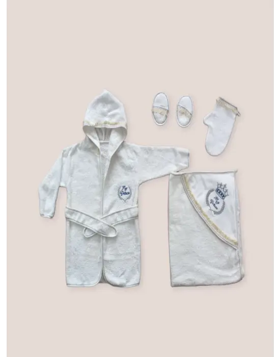 Omarı Yenidoğan Bebekler İçin Kaplan Nakışlı 5li Havlu Takımı Mavi