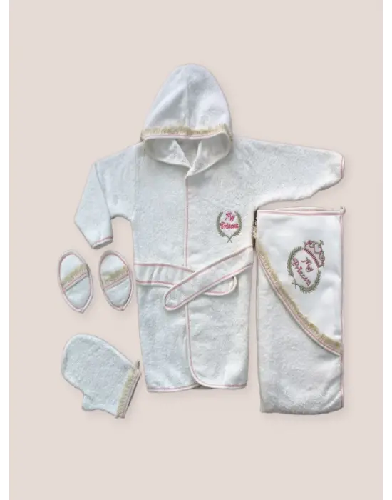 Omarı Tatlı Kaplan Nakışlı Bebek Havlu Takımı Pembe