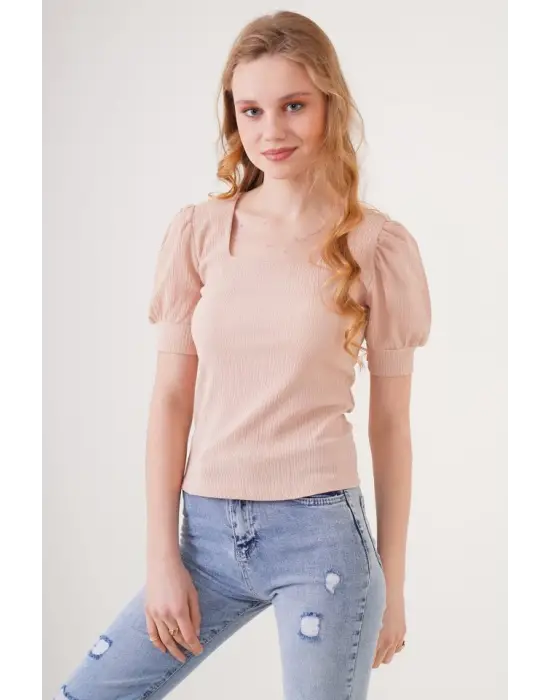 0409 Kare Yaka Örme Bluz - Bisküvi