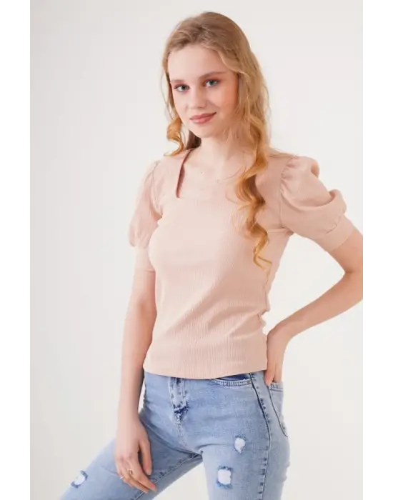 0409 Kare Yaka Örme Bluz - Bisküvi