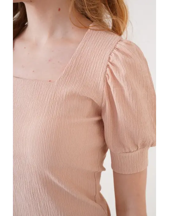 0409 Kare Yaka Örme Bluz - Bisküvi