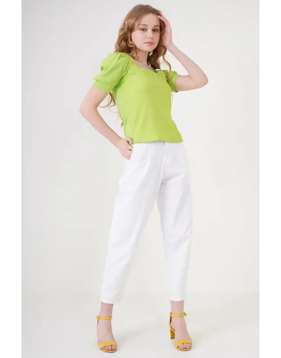 0409 Kare Yaka Örme Bluz - E.Yeşil