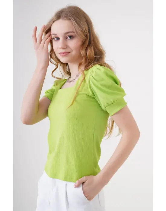 0409 Kare Yaka Örme Bluz - E.Yeşil