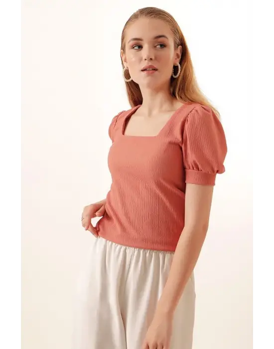 0409 Kare Yaka Örme Bluz - Gül Kurusu