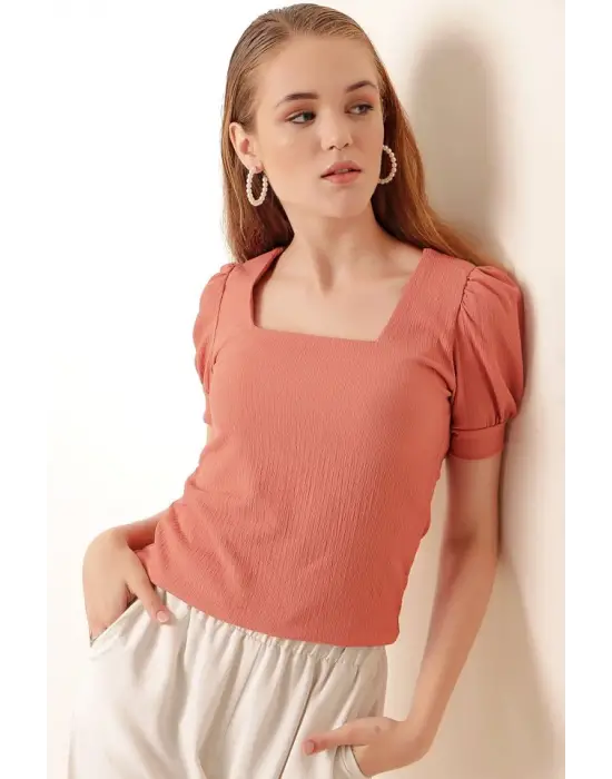 0409 Kare Yaka Örme Bluz - Gül Kurusu