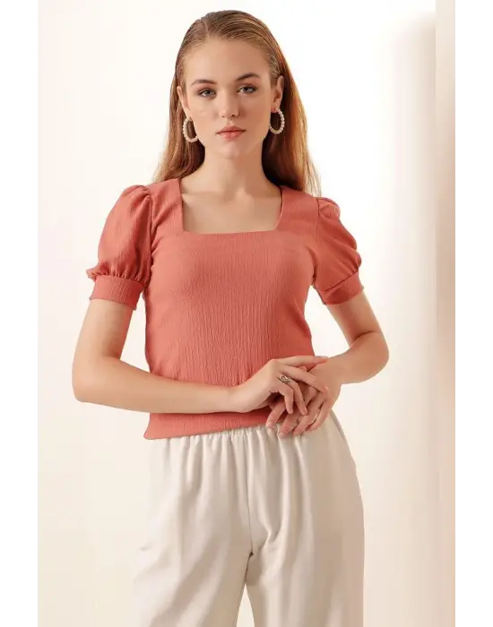 0409 Kare Yaka Örme Bluz - Gül Kurusu