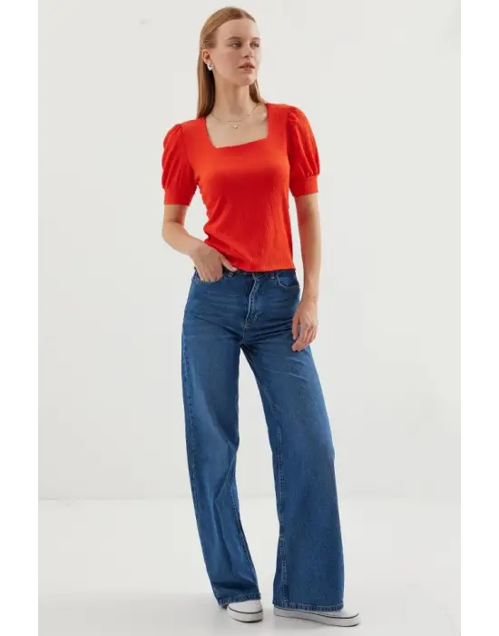 0409 Kare Yaka Örme Bluz - Oranje