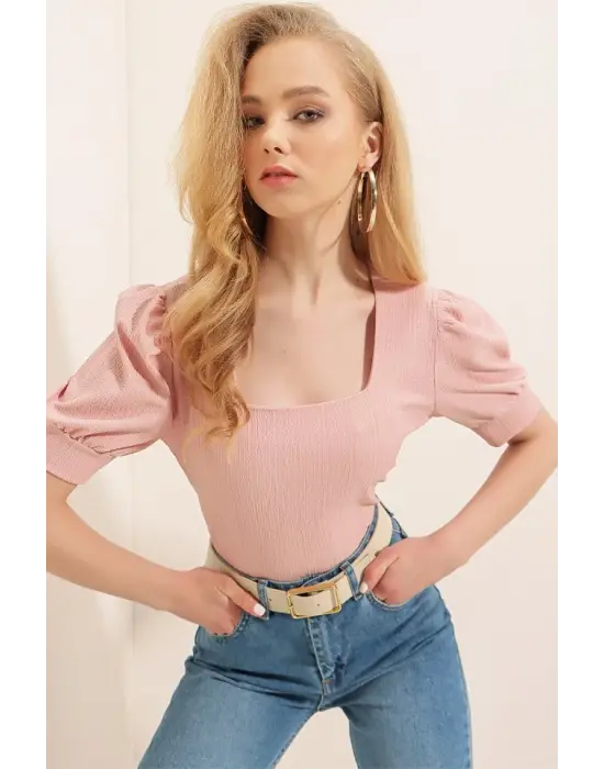 0409 Kare Yaka Örme Bluz - Pudra